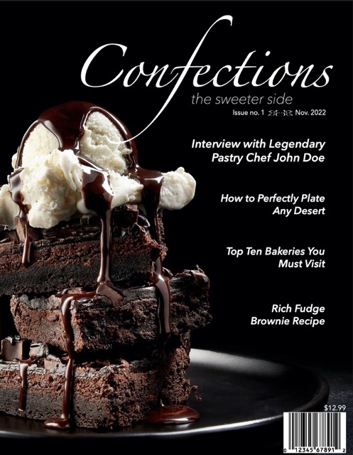 a magazine cover titled confections with a brownie sundae