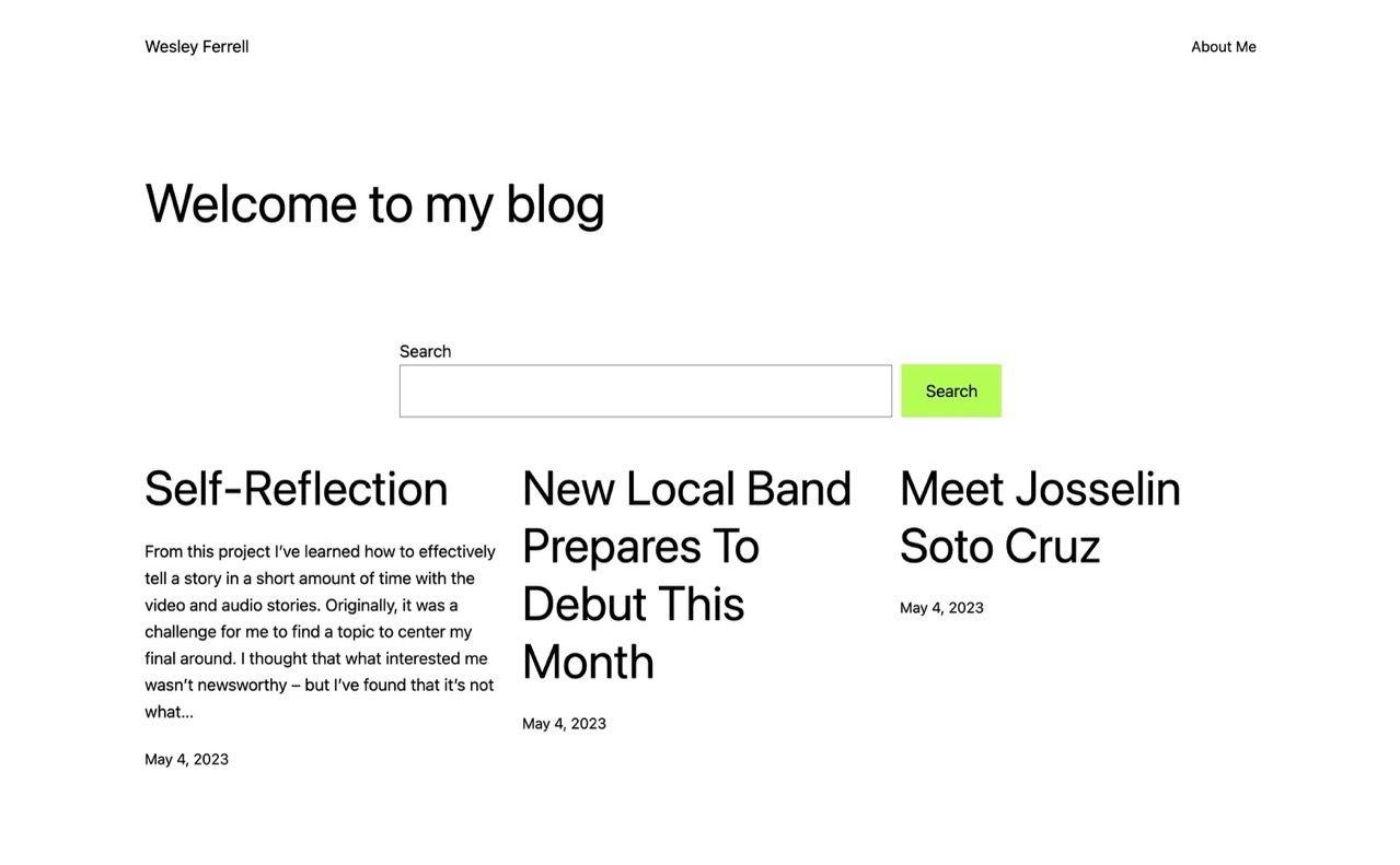 The homepage of my multimedia journalism blog which features various articles