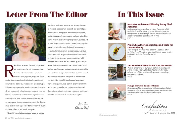 magazine pages with a letter from the editor and a table of contents