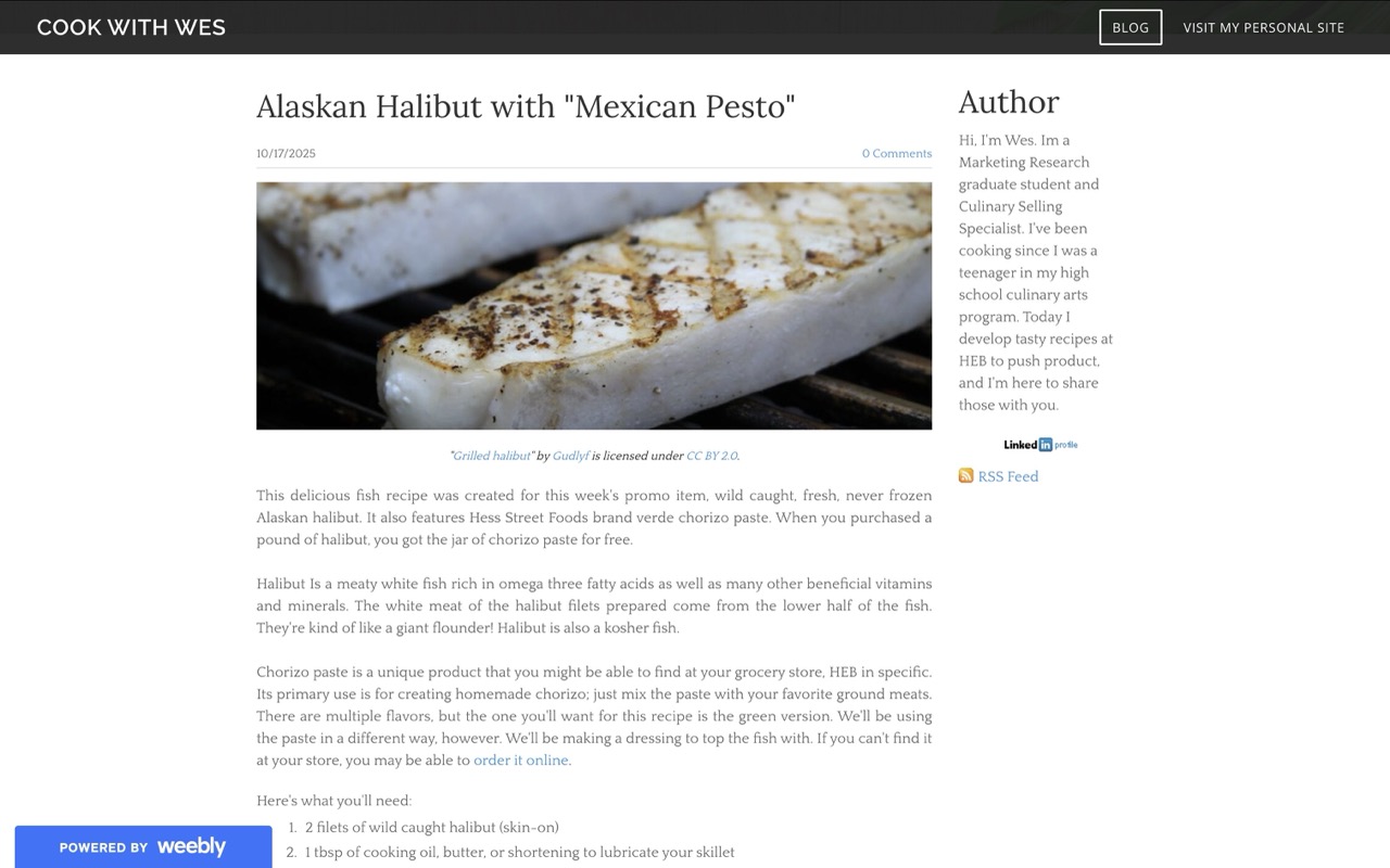 a blog post with an image of grilled halibut