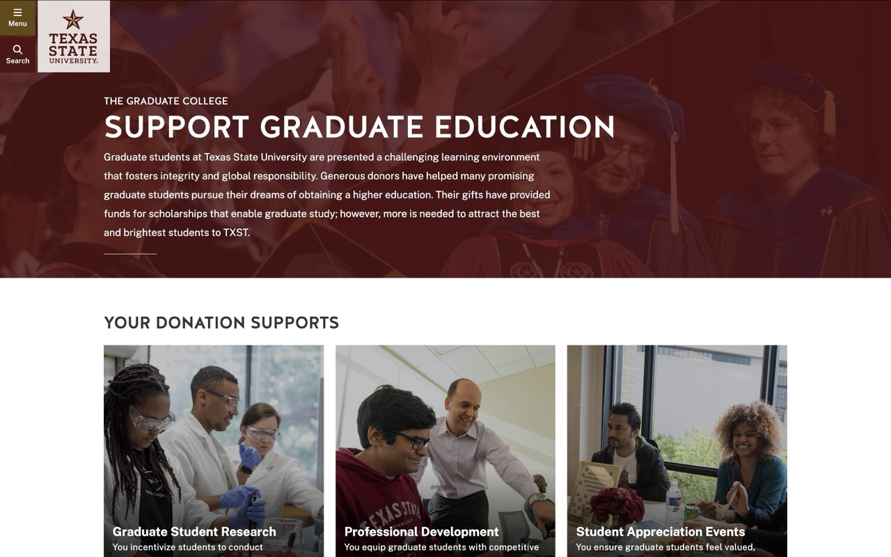 a screenshot of the top fold of a webpage with three cards featuring images of students explaining reasons to donate