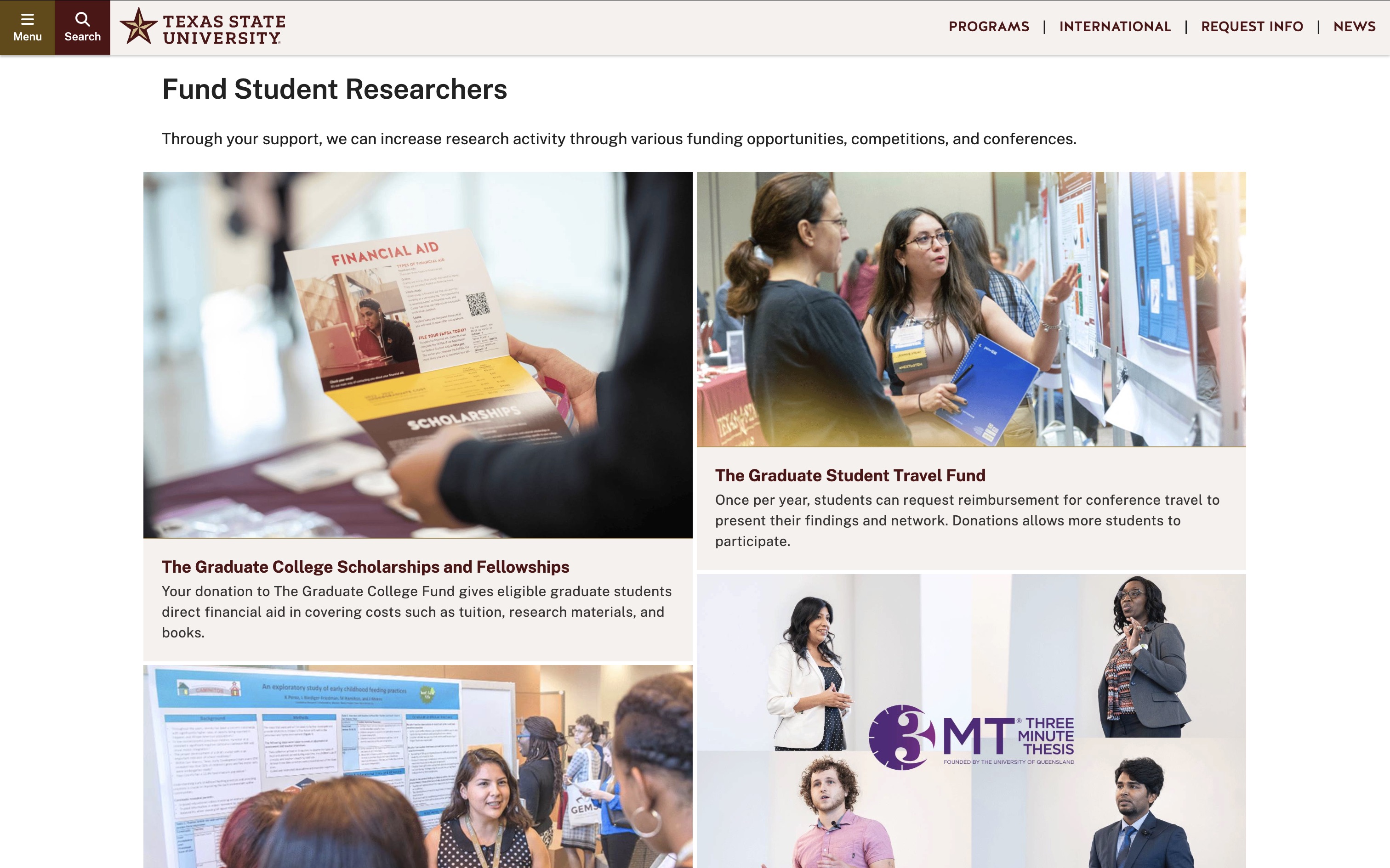 a screenshot of a webpage that features several tiles with cooresponding images that explain several research related opportunities donors can support