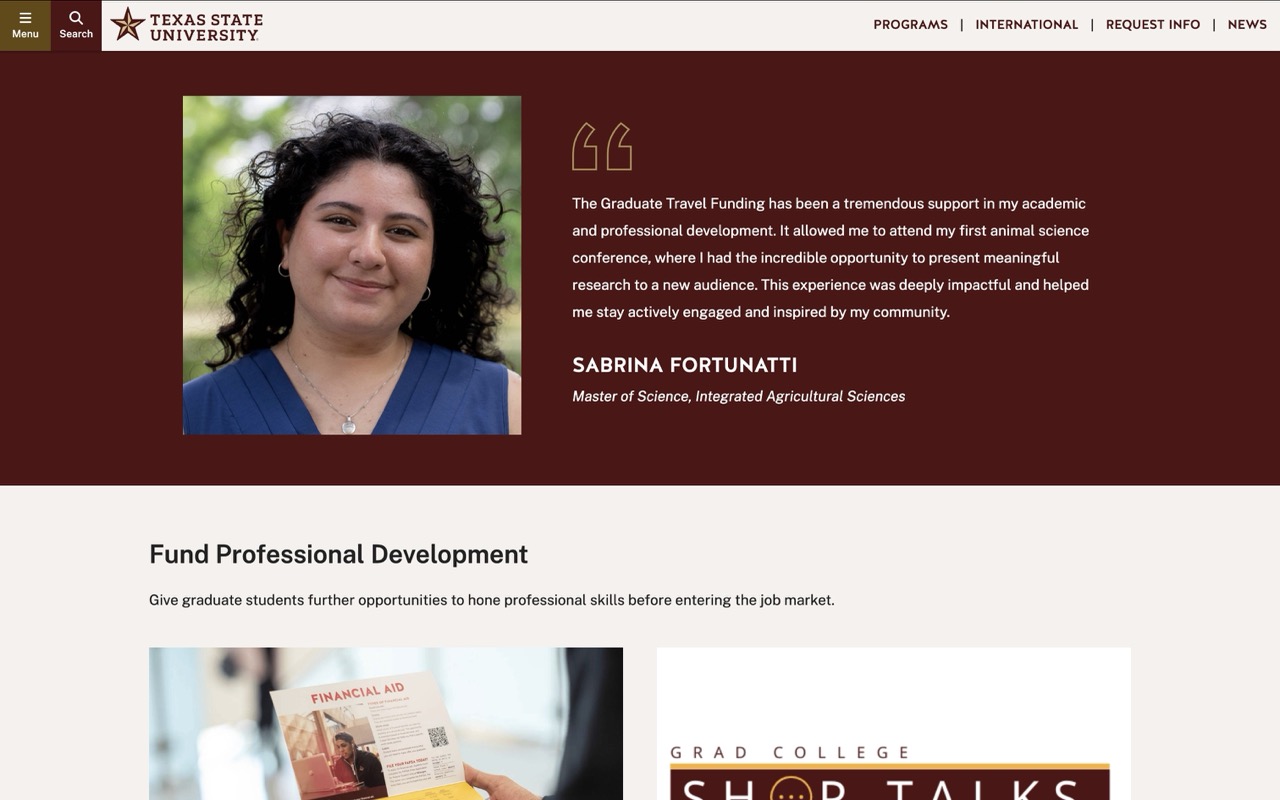a screenshot of a webpage featuring a quote and headshot from a beneficiary of the graduate college travel fund