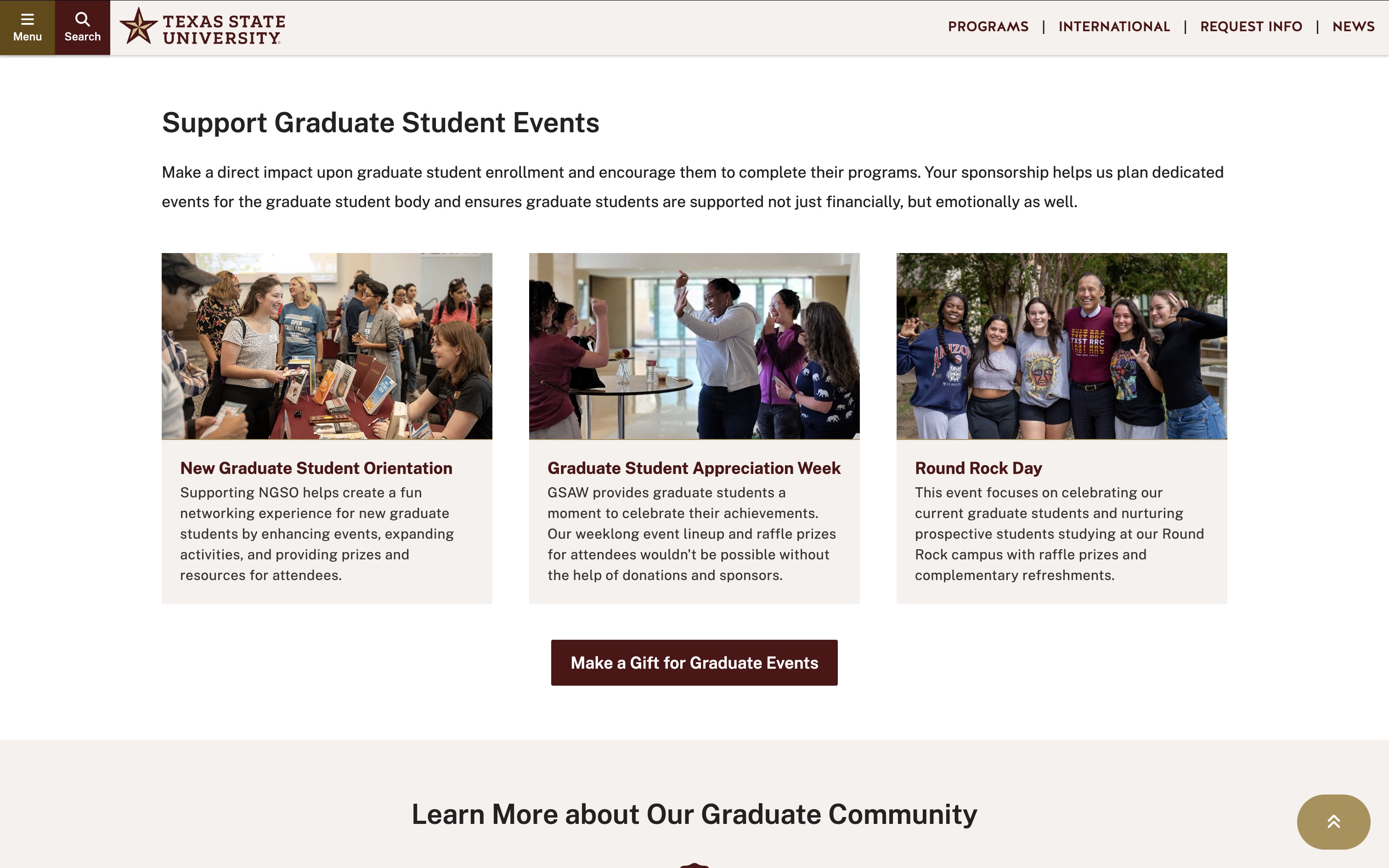 a screenshot of a webpage with cards explaining 3 different events donors can support