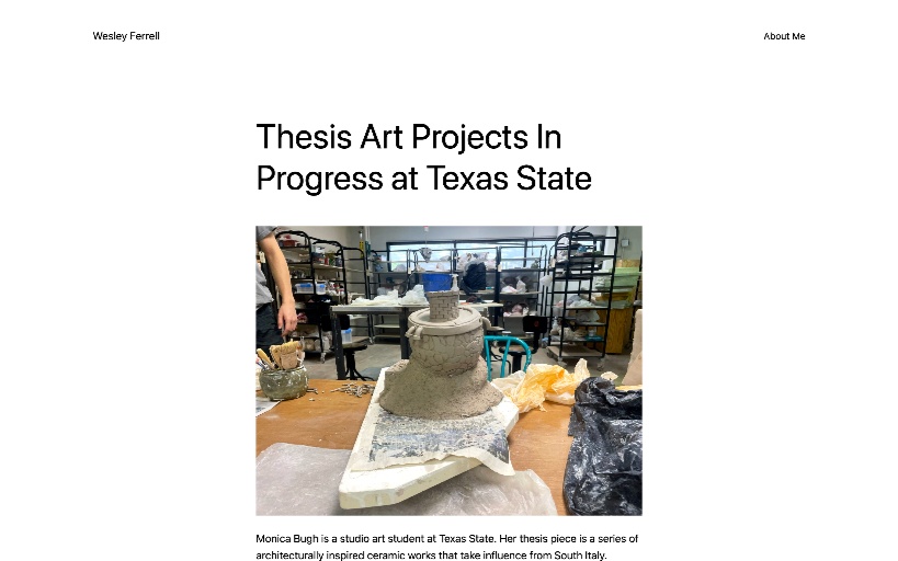 an article about art student's thesis project with a clay sculpture