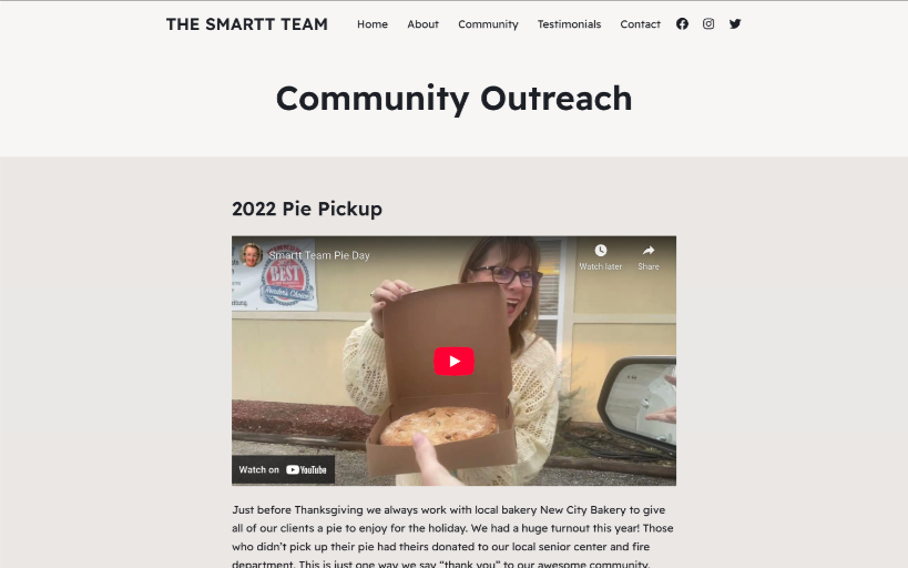 a webpage titled community outreach freaturing a video of a pie giveaway