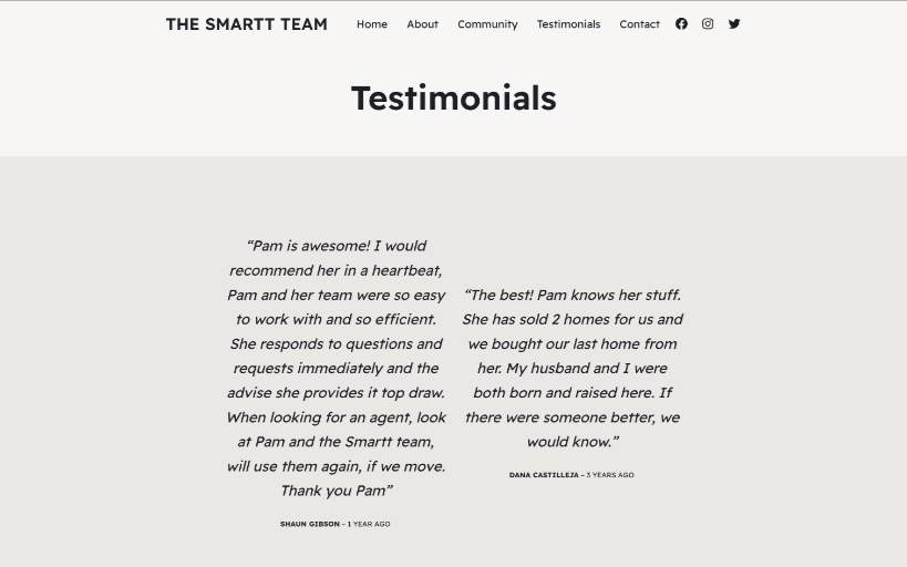 a webpage with testimonials from customers